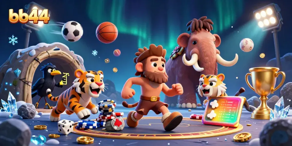 Experience the excitement of bb44 with a dynamic prehistoric casino scene showcasing vibrant characters and interactive gaming elements.