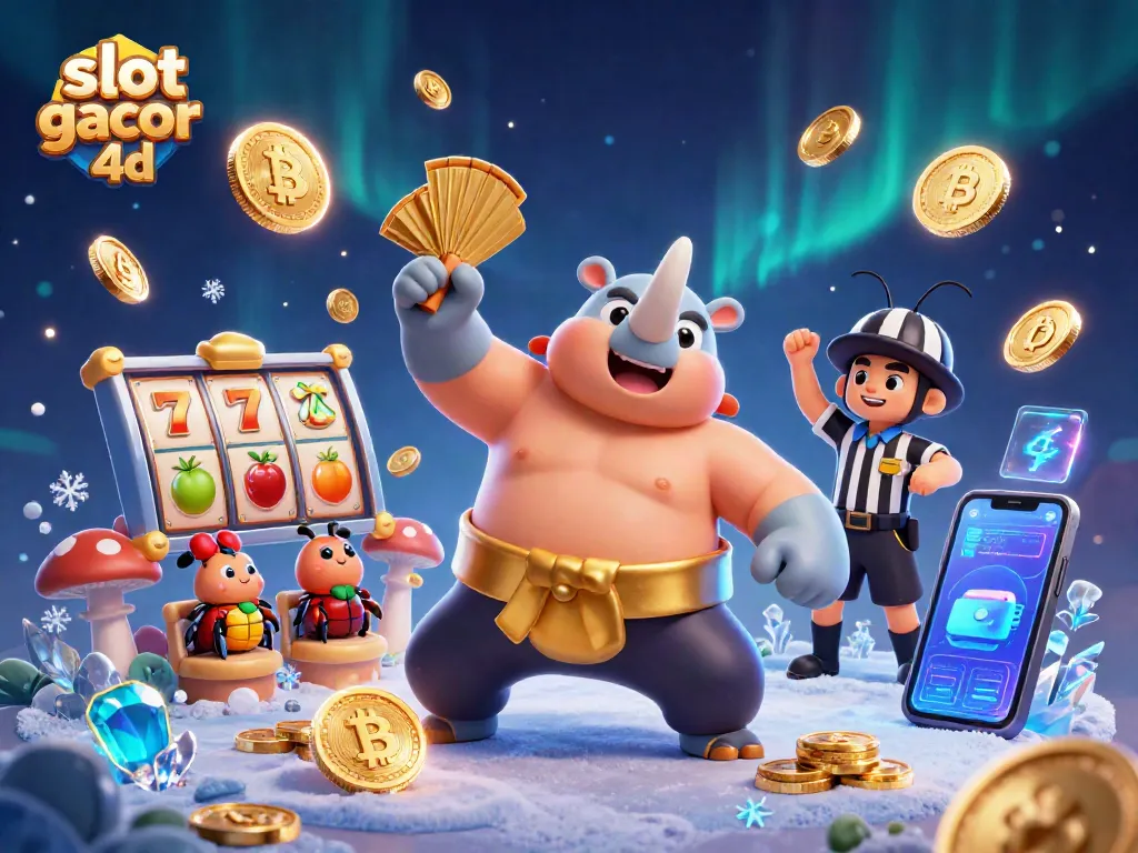Slot gacor 4d memperlihatkan juara sumo kumbang badak menendang koin emas di kasino yang megah