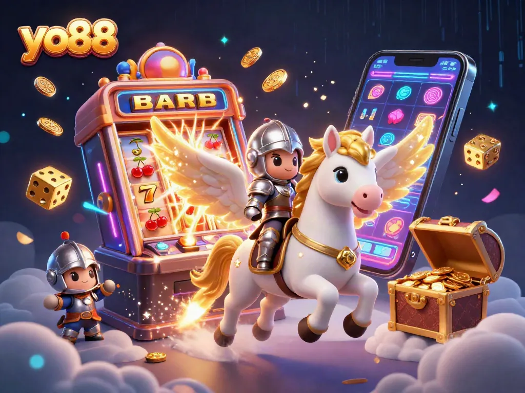Win big at yo88 with an energetic scene featuring a celestial horse, jackpot slots, and casino games!