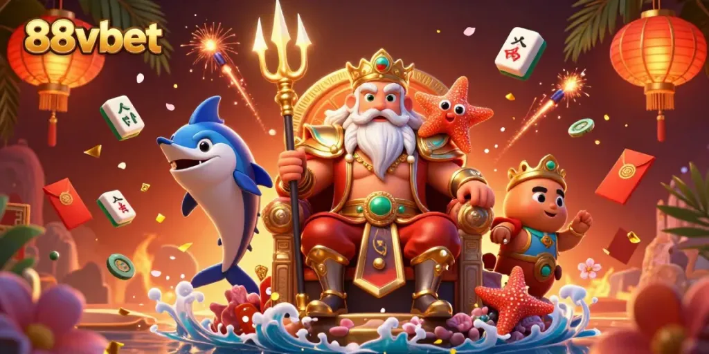 Experience the thrills of 88vbet with Neptune and dynamic gaming elements in this vibrant illustration.