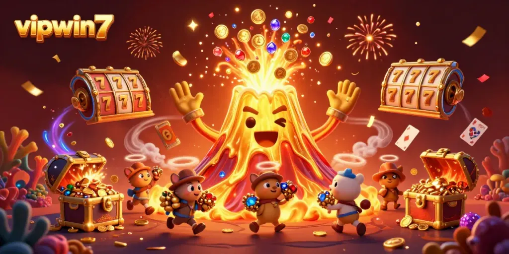 Experience the thrill of vipwin7 as the golden volcano erupts treasures in a vibrant casino-scape.