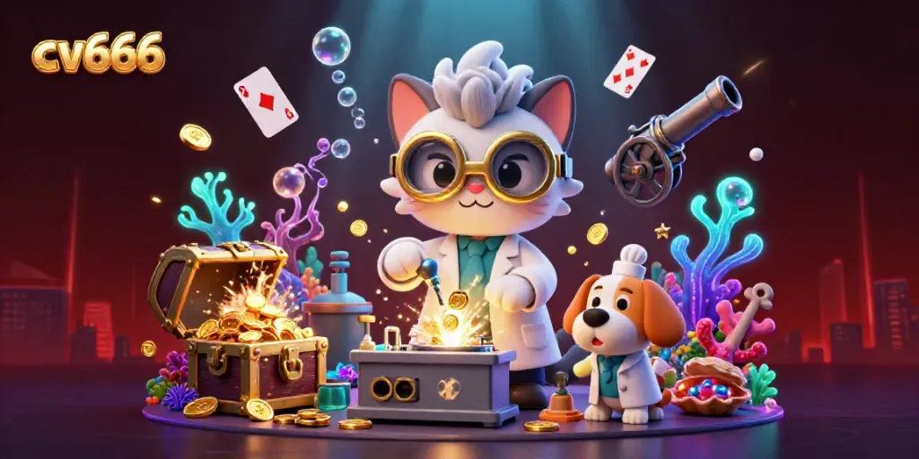 Experience the thrilling world of cv666 with a lively 3D illustration featuring a mad scientist cat and dog creating gold coins amidst vibrant casino elements.
