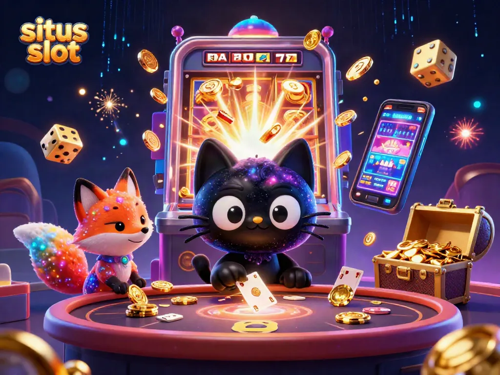 Engage with situs slot excitement in a cosmic casino scene featuring a black hole cat and bursting jackpots.
