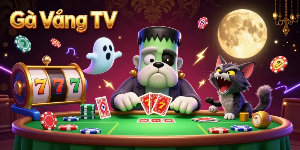 Engage with Gà Vàng TV as a monstrous dealer shapes thrilling card games with vibrant casino elements.