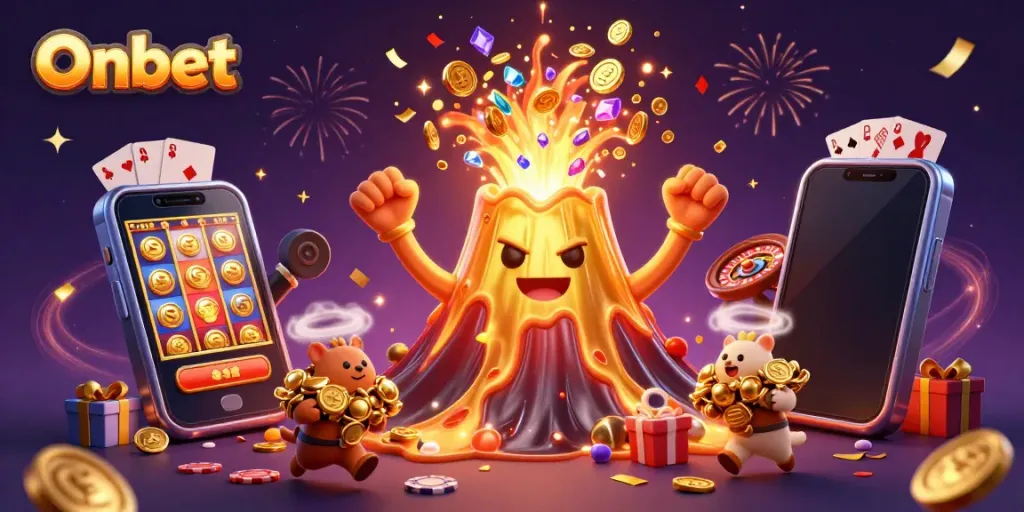 Experience Onbet's thrilling gaming universe with a golden volcano erupting treasures, showcasing casino delights.