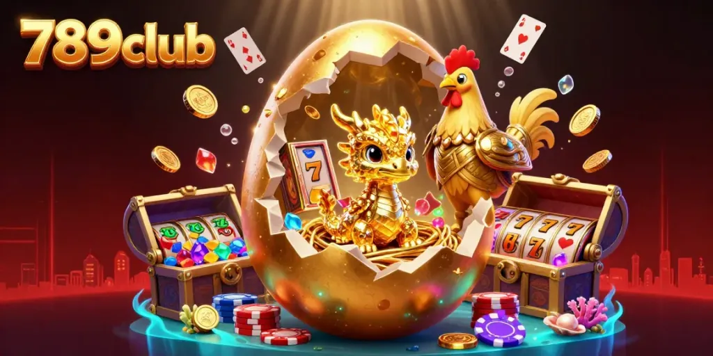 Experience thrilling action with the golden dragon at 789club among colorful slot games and sparkling coins.