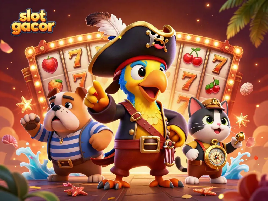 Win big with slot gacor surrounded by pirate characters and vibrant slot elements in this colorful casino scene.