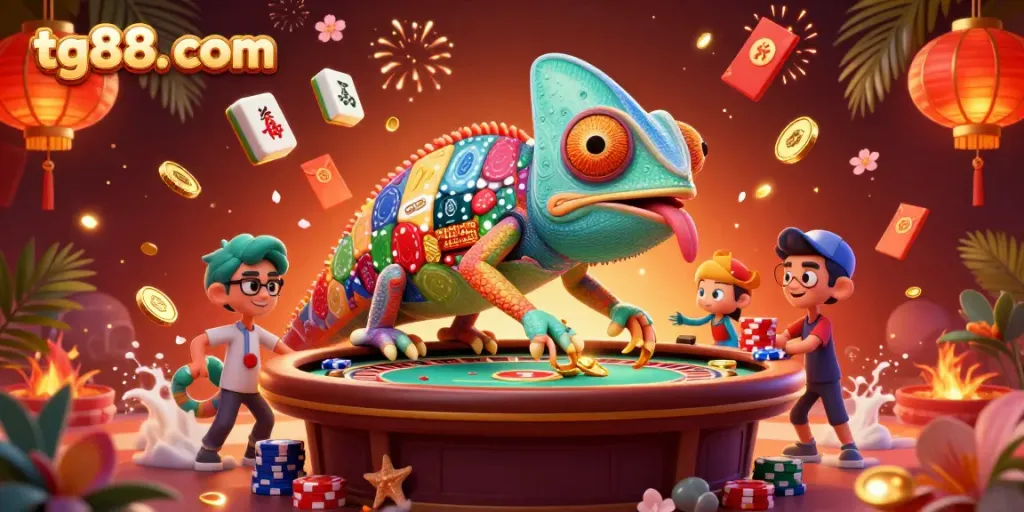 Engage with dynamic casino action at tg88. com featuring a vibrant chameleon owner amidst colorful game elements.