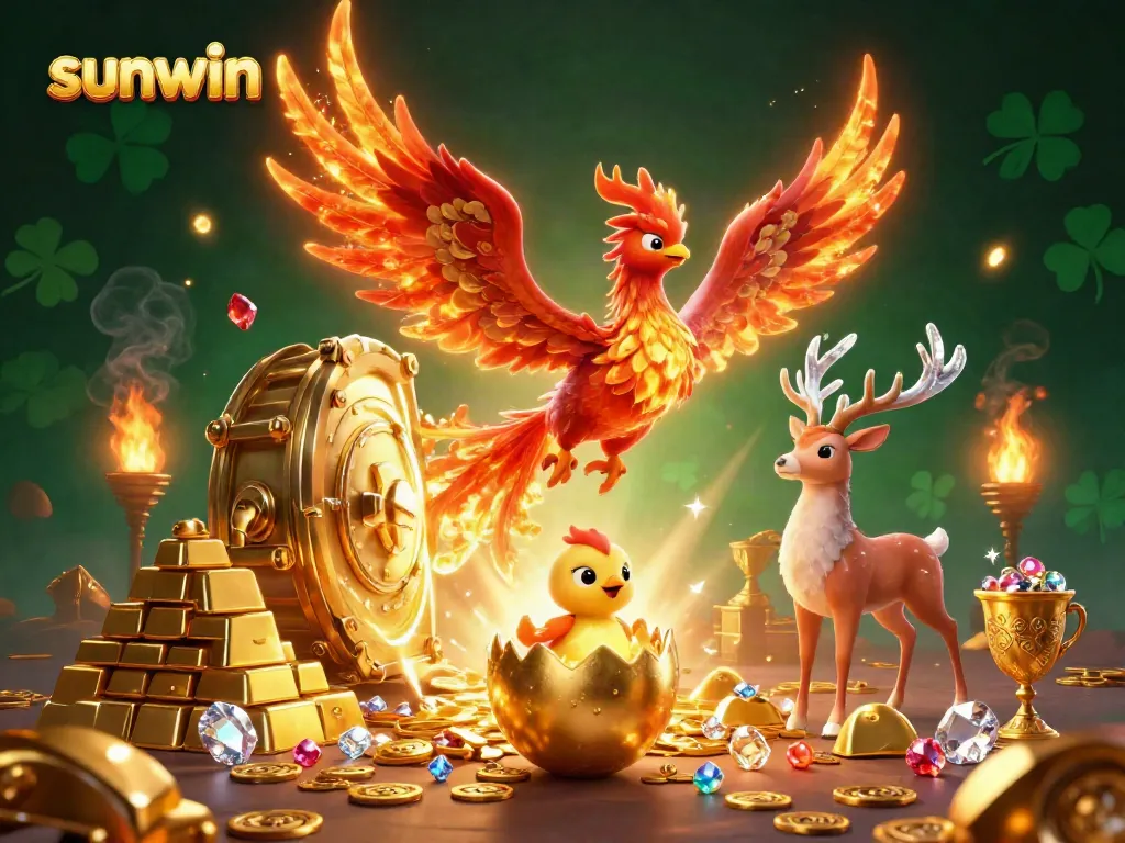 Engage with immersive gameplay at sunwin, featuring a vibrant phoenix and treasures symbolizing rewards in online gaming.