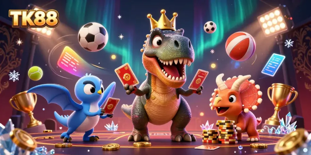 TK88 showcases vibrant 3D visuals with a T-Rex dealing cards, enhancing the casino gaming experience.