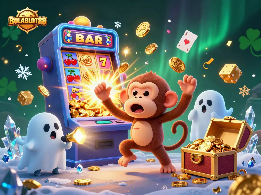 BOLASLOT88 showcases a lively casino scene with a poltergeist monkey juggling golden coins, attracting thrilling gaming experiences.