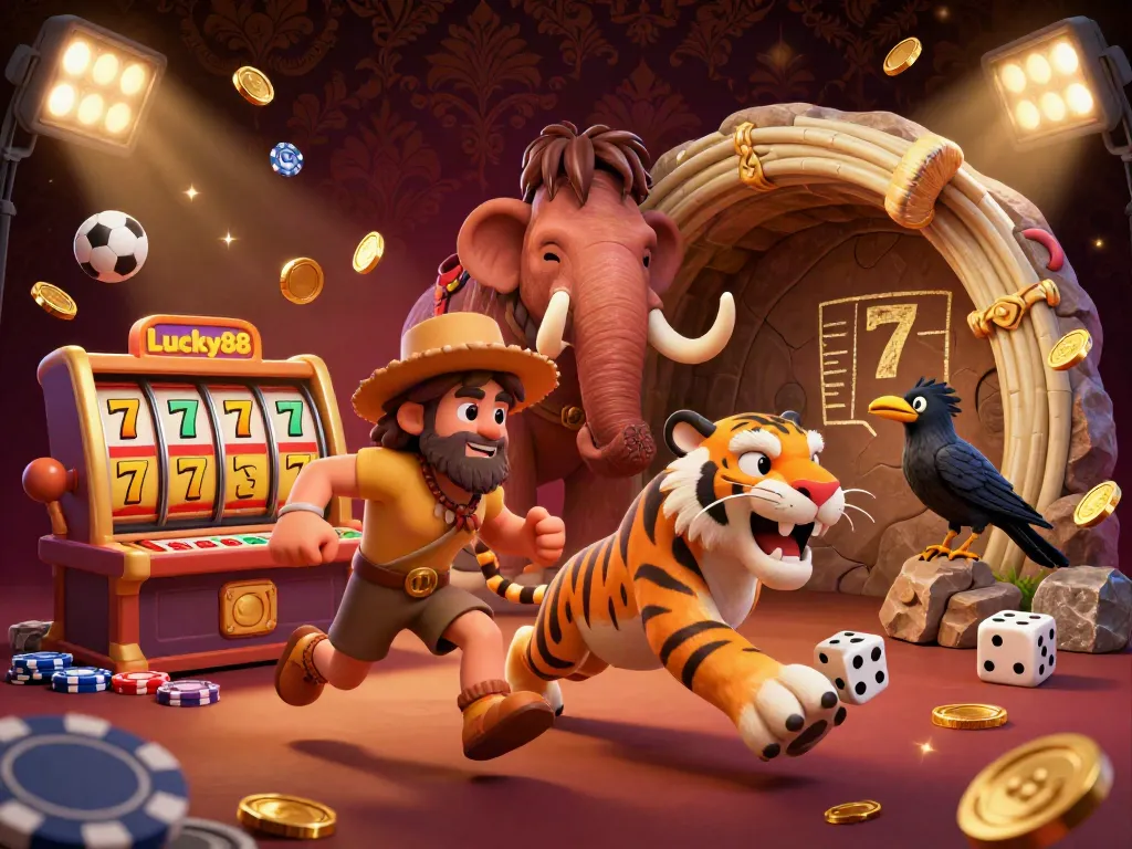 Experience thrilling gaming at Lucky88 with a dynamic prehistoric casino atmosphere featuring unique characters.