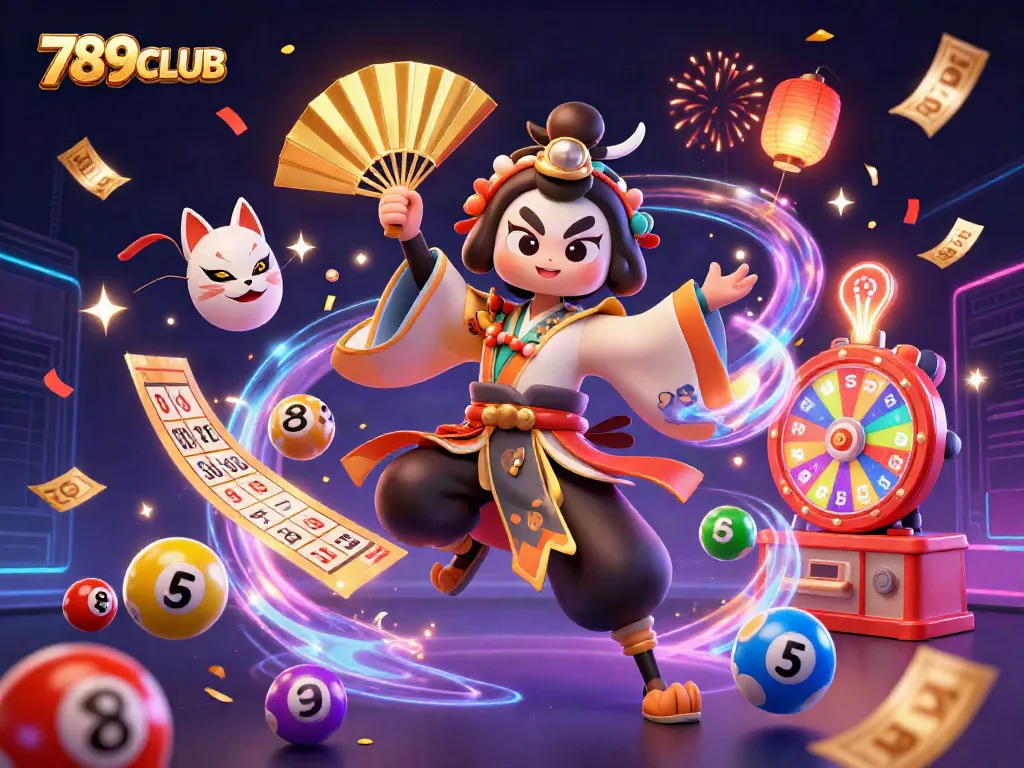 Experience vibrant gameplay at 789CLUB with dynamic lottery elements and festive characters.