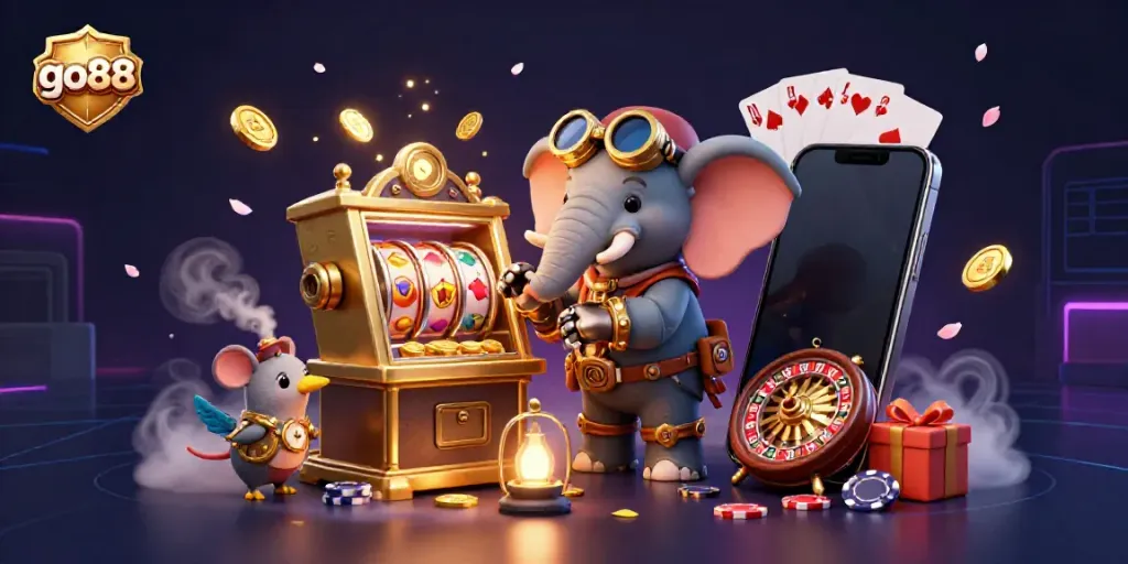 Spin the reels with go88 in this engaging steampunk casino scene filled with slot games and vibrant elements.