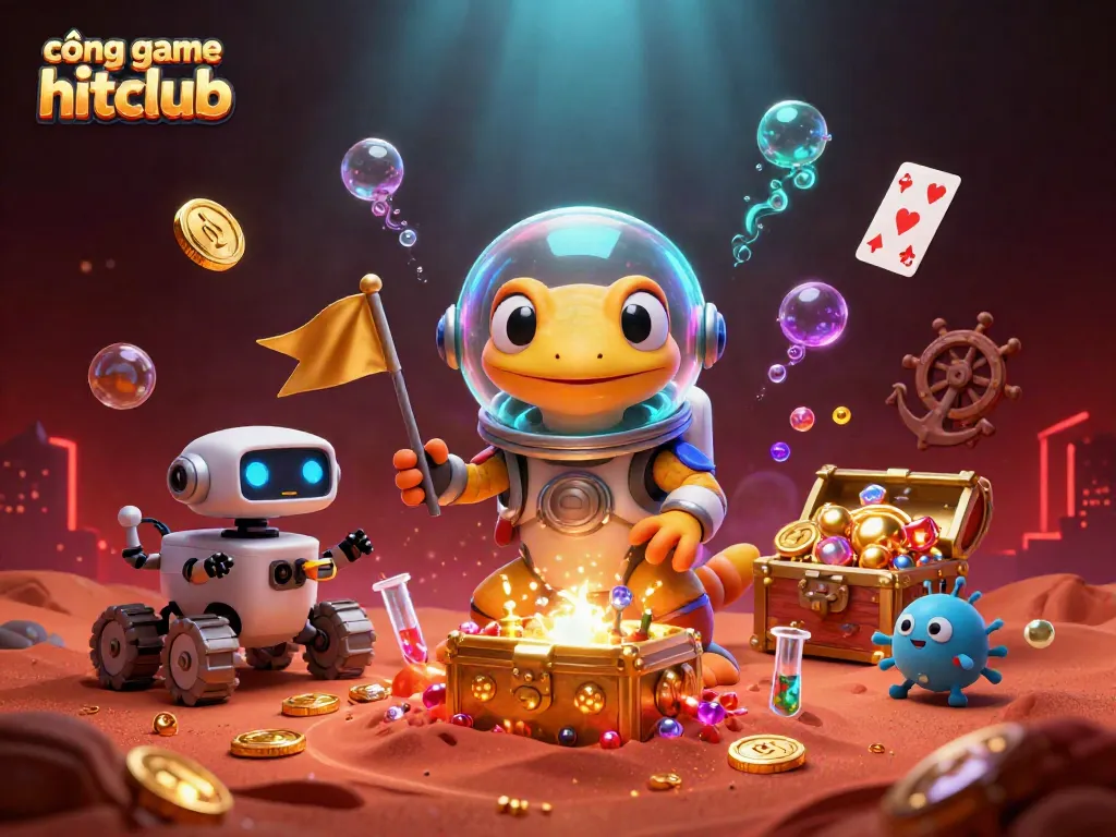 Experience the excitement of cổng game hitclub with a Martian gecko discovering a casino amidst glowing alien elements.