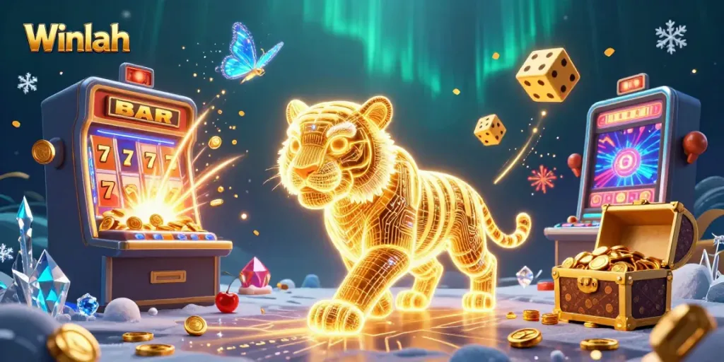 Winlah showcases a vibrant slot game explosion with golden tiger and holographic butterflies.