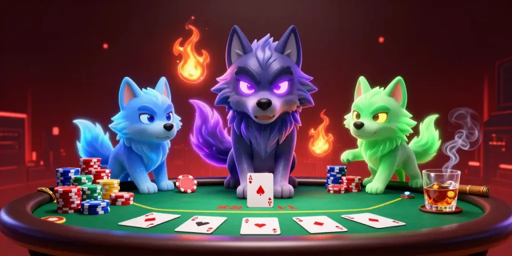 Engage with 11bet in a dynamic poker scene featuring glowing wolf characters and rich casino elements.