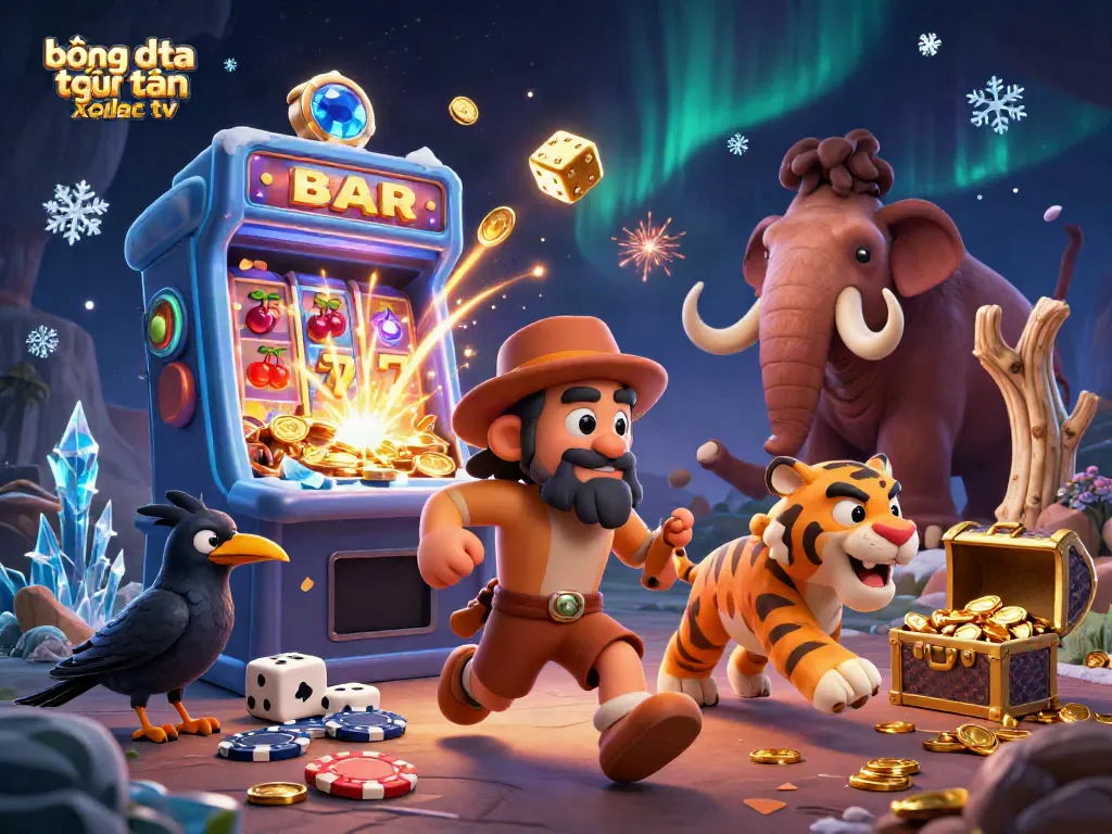 This illustration captures the excitement of bóng đá trực tuyến xoilac tv, featuring a vibrant caveman and sabertooth tiger in a lively prehistoric casino setting.