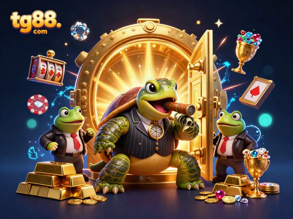 Engage with tg88.com’s exotic gaming scenes featuring a mobster turtle amidst gems and gold.