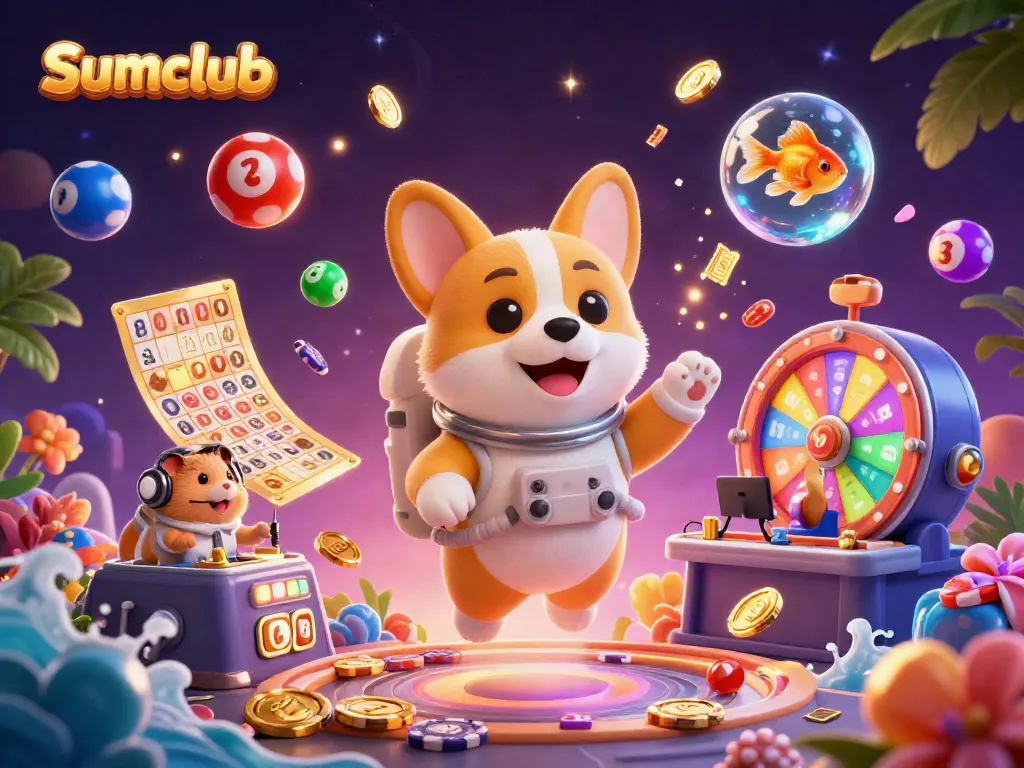 Experience the vibrant action at Sumclub with colorful gaming elements and characters in a dynamic casino scene.