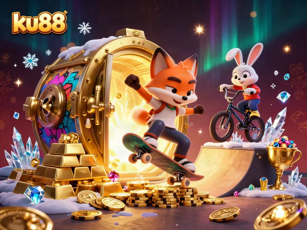 ku88 gaming scene with a skateboarder fox and BMX rabbit amidst lively casino symbols.