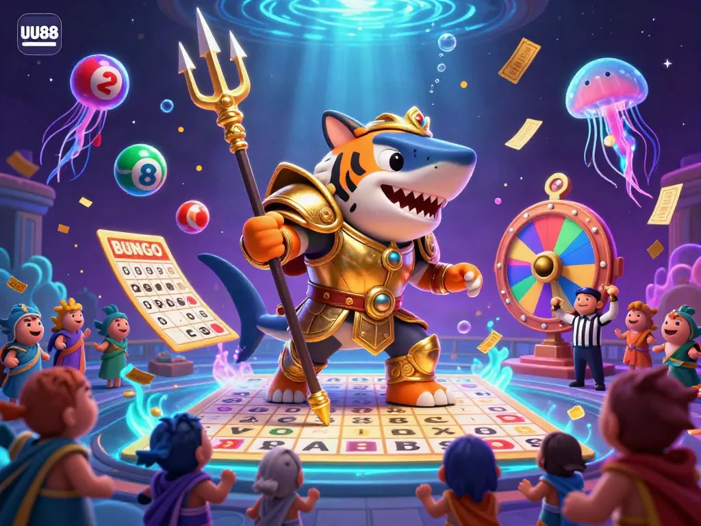 Experience excitement with UU88 in a dynamic underwater arena featuring a tiger shark and colorful gaming elements.