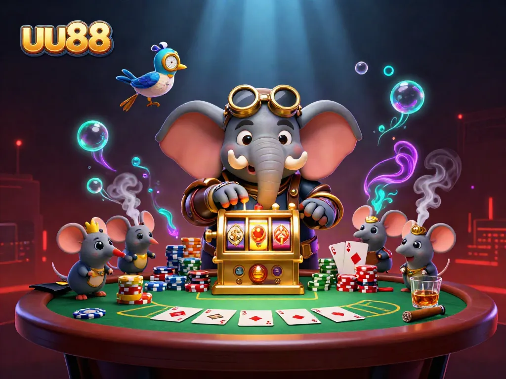 Engage with exciting gameplay at uu88 through dynamic 3D casino illustration featuring steampunk elements and vibrant gaming accessories.