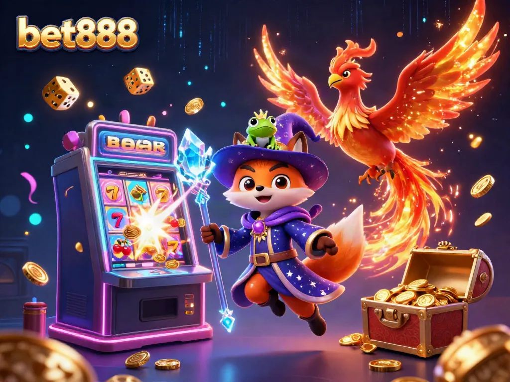 Experience the excitement of bet888 with a magical scene featuring a wizard fox and slot machine jackpot.