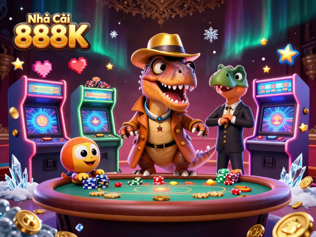 Engage in thrilling gameplay at Nhà Cái 888K with exciting characters at a blackjack table surrounded by casino games.