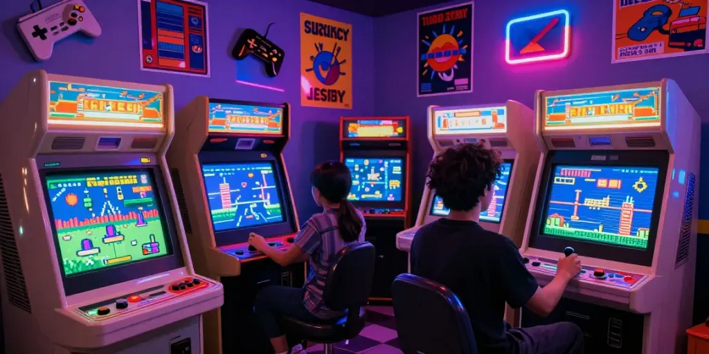 Pecah 404: Retro gaming scene with a character playing, showcasing vibrant arcade ambiance.
