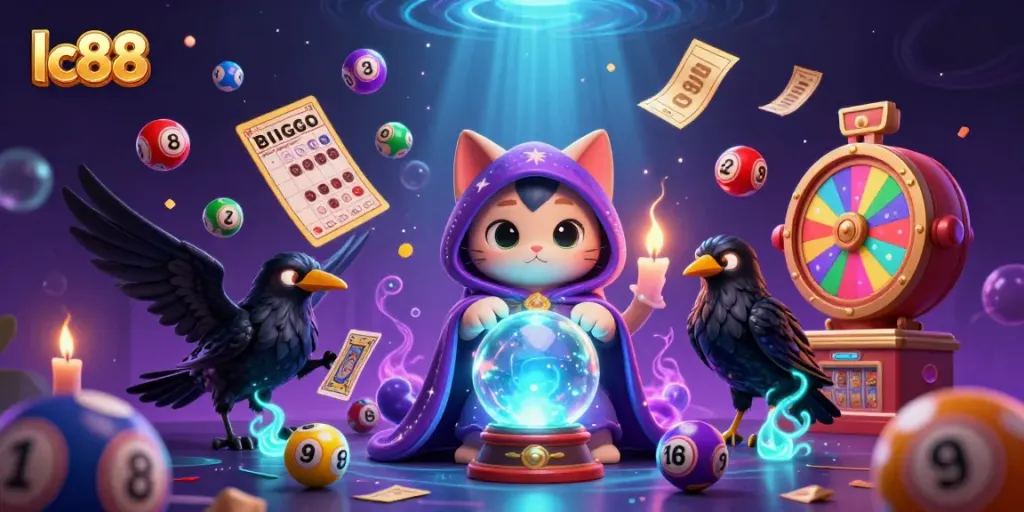 Experience lc88's thrilling world with a mystical cat, tarot raven, and vibrant lottery elements.