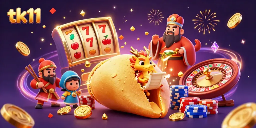 Experience excitement with tk11's dynamic casino-themed scene featuring lucky charms and vibrant gaming elements.