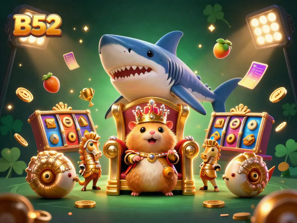 Engage with B52's vibrant casino world featuring a hamster king on a throne amidst exciting slot symbols.