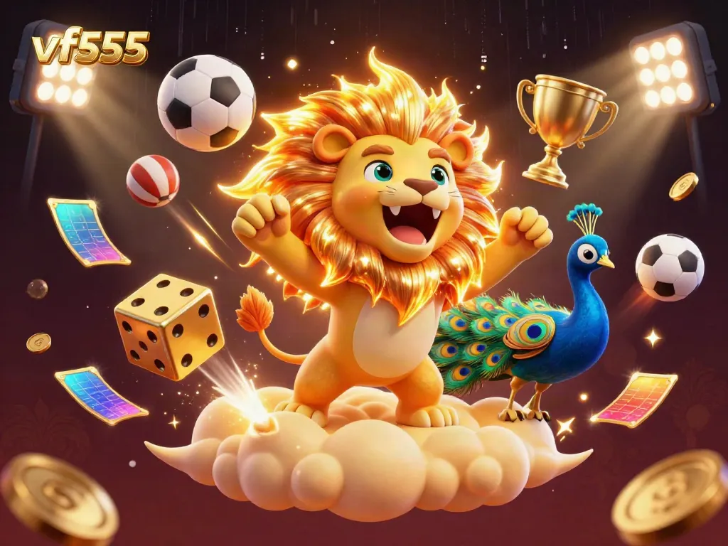Bet on vf555 with a vibrant depiction of a roaring lion and dynamic casino elements surrounding it.