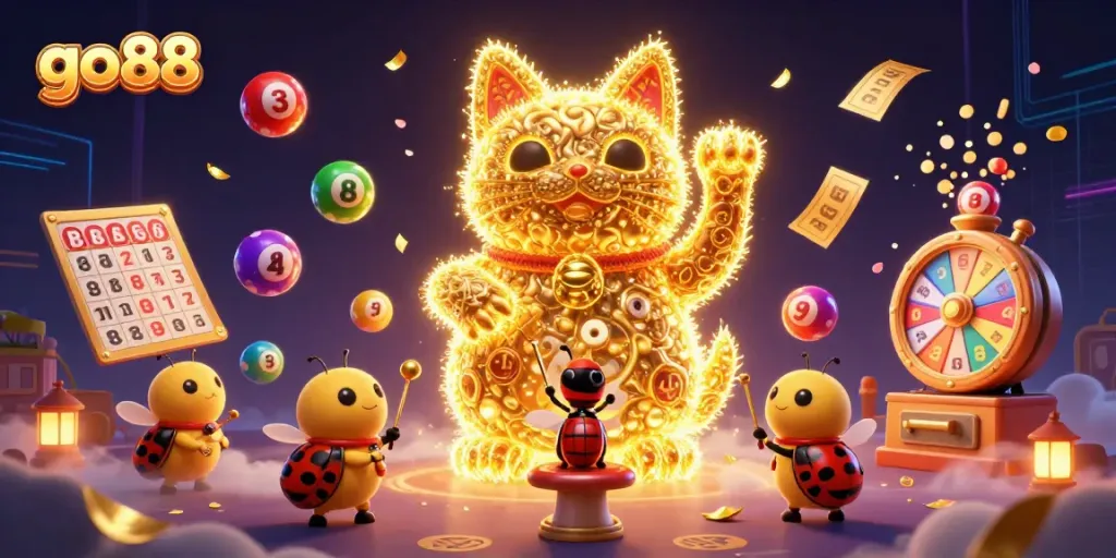 Experience the thrilling world of go88 with vibrant games and a lucky cat guiding players.