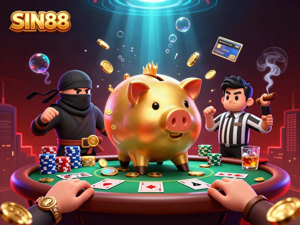 SIN88 showcases a golden piggy bank sumo wrestler amidst a vibrant poker scene, emphasizing exhilarating gameplay.