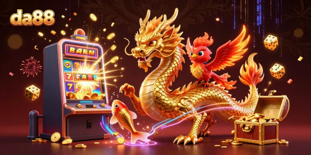 Experience winning thrills at da88 with a fierce dragon and joyful phoenix amidst slot machines and coins.