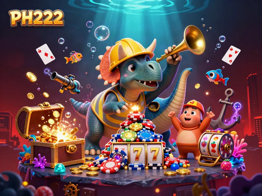 Engage with exciting gameplay at PH222, featuring vibrant characters celebrating around poker chips and casino elements.
