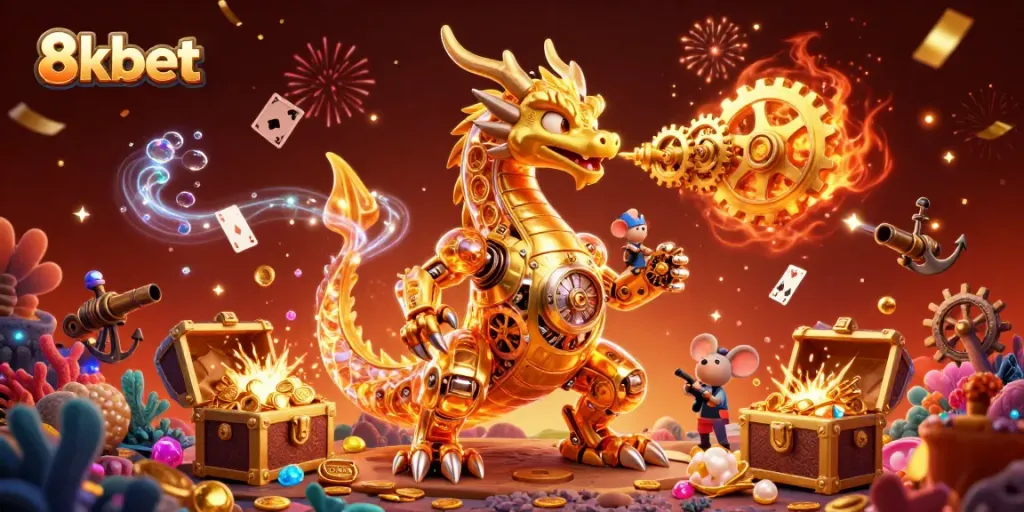 Experience thrilling gaming action with 8xbet's vibrant 3D casino illustration packed with gold treasures.