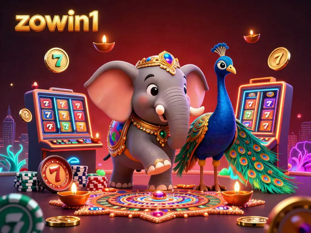 Immerse in the vibrant casino world of zowin1, featuring a colorful elephant and peacock amid exciting gaming elements.