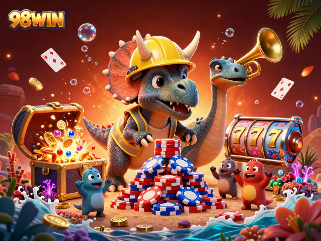 Engage with 98WIN's vibrant gaming universe featuring a triceratops and celebratory elements.