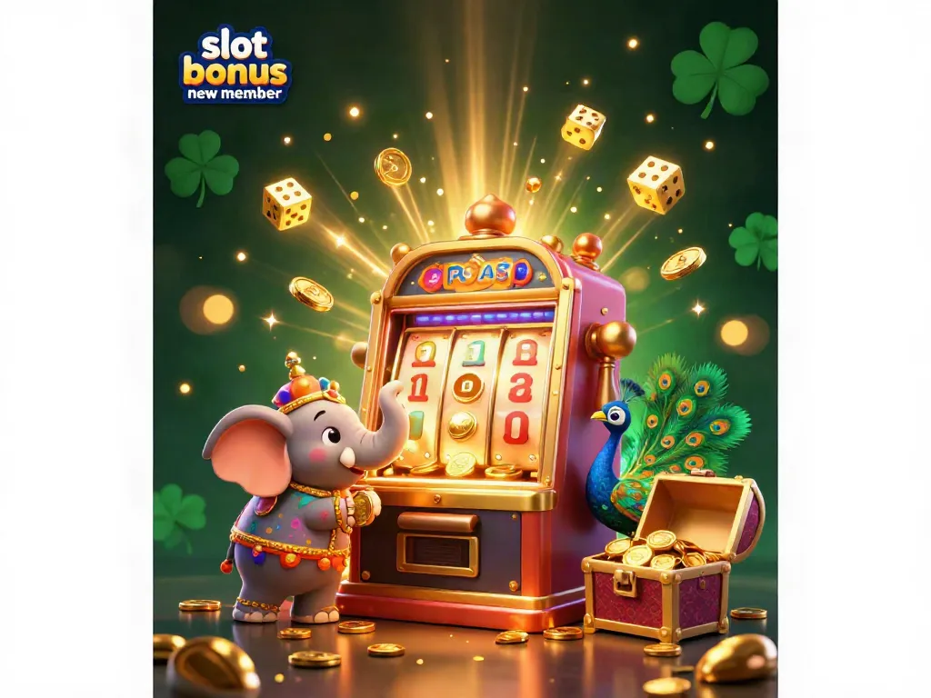 Engage with slot bonus new member in an enticing vibrantly illustrated casino scene featuring a golden slot machine jackpot.