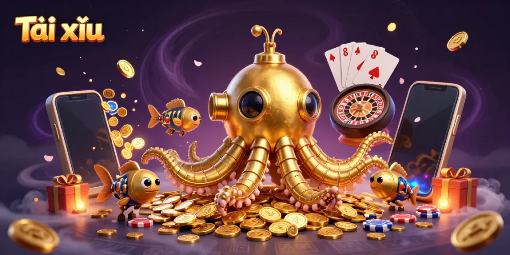 Play Tài xỉu with a colorful slot game and rich casino elements emerging from a golden kraken submarine.