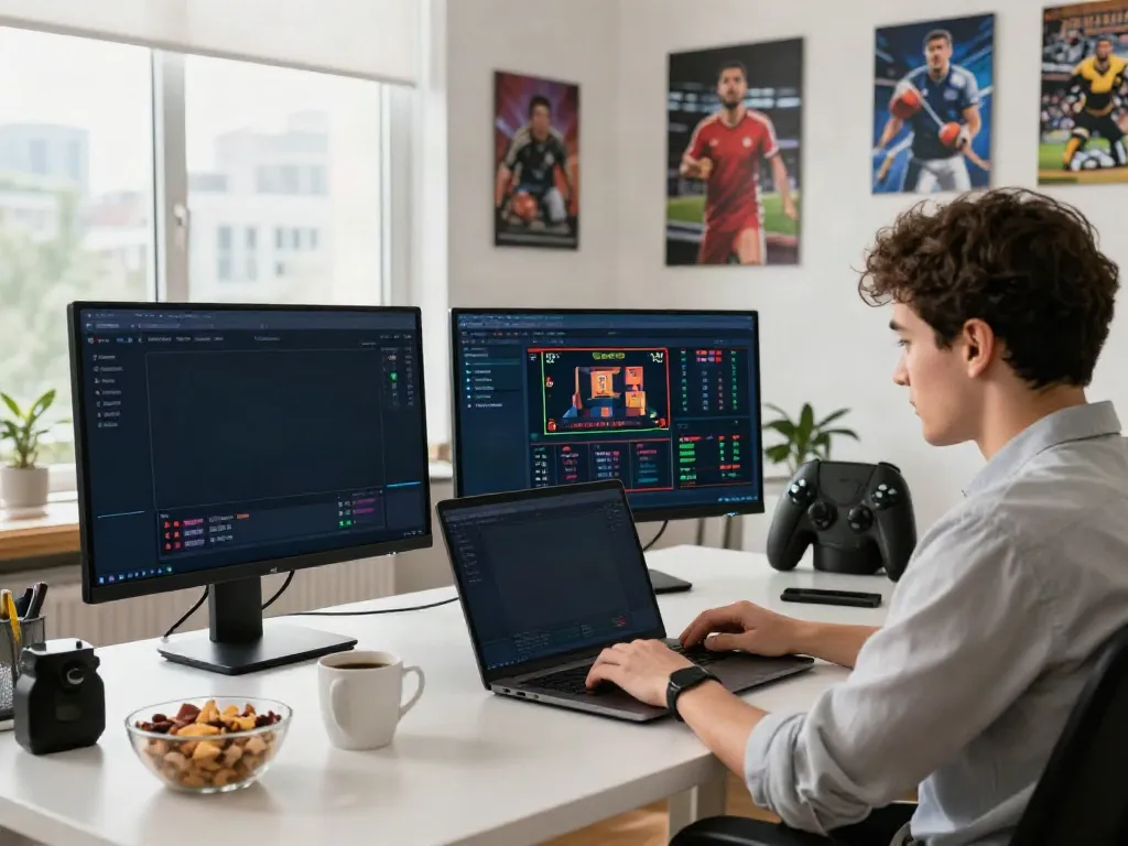 User enjoying online gaming on https://five888vin.com/ with sports memorabilia and a modern home office setup.