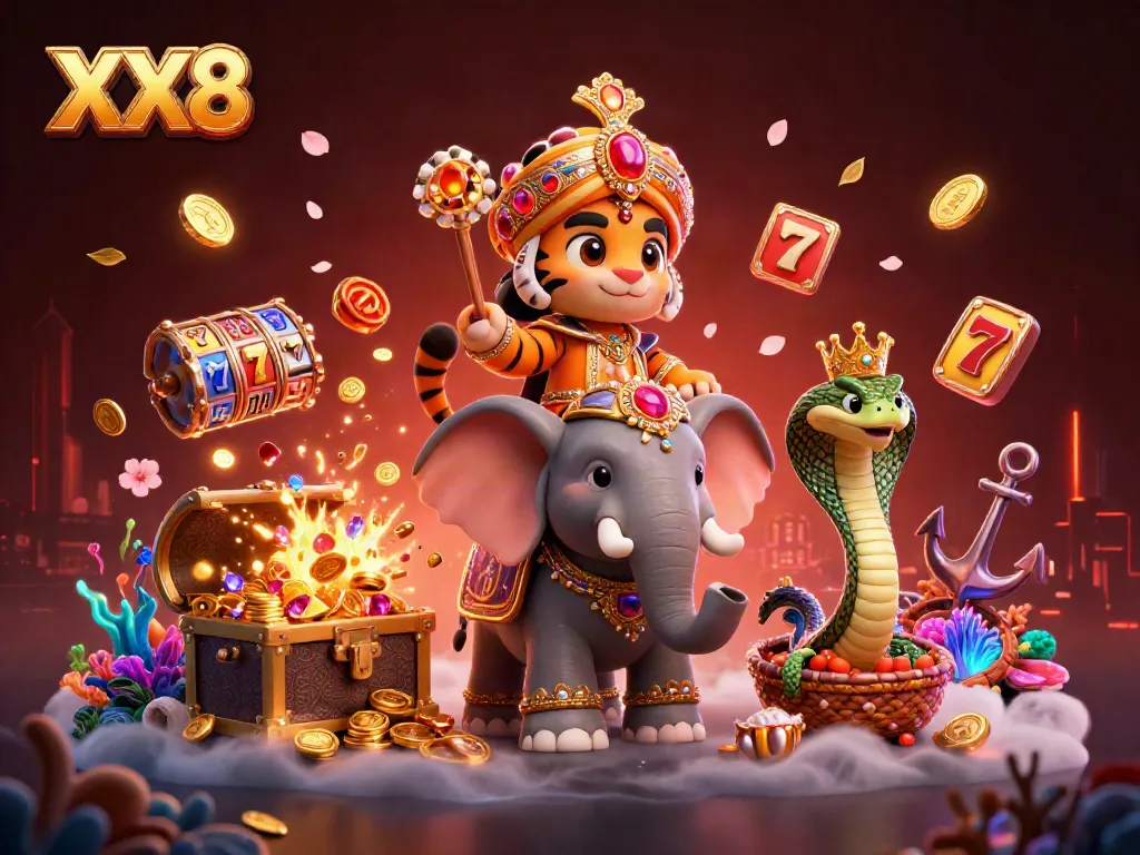Slot-themed artwork featuring a maharaja tiger and jewel elephant with the XX8 brand.