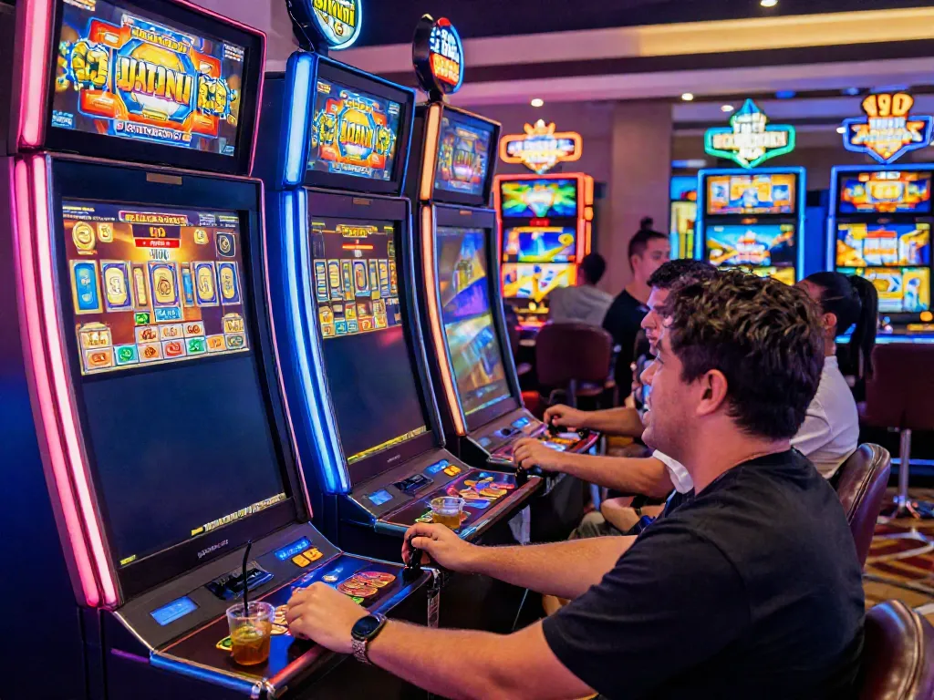 Excited players engaging with slot gacor machines in a vibrant casino atmosphere.