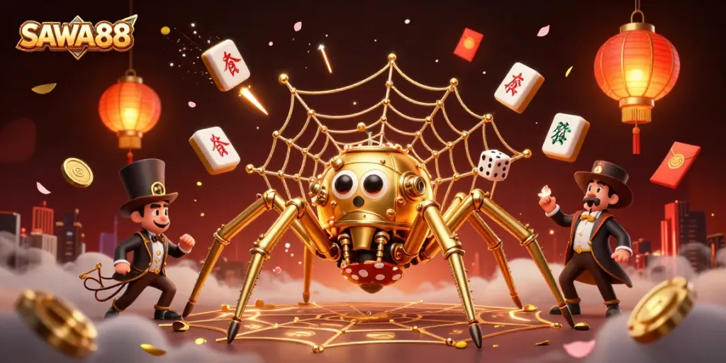 SAWA888 showcases a whimsical casino scene with a golden spider and animated game elements.