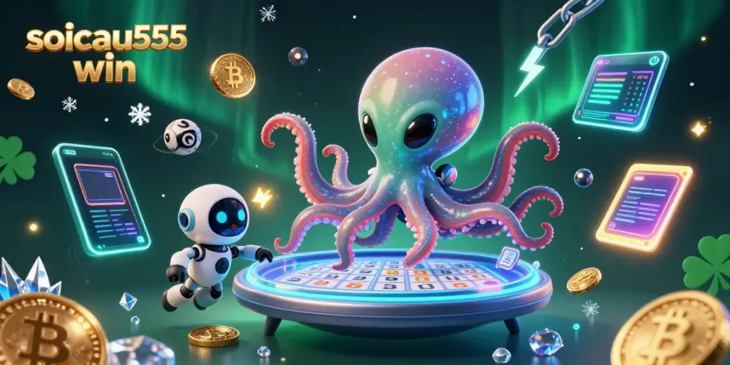 Experience the excitement of soicau555 win with a vibrant lottery scene featuring a whimsical alien octopus.