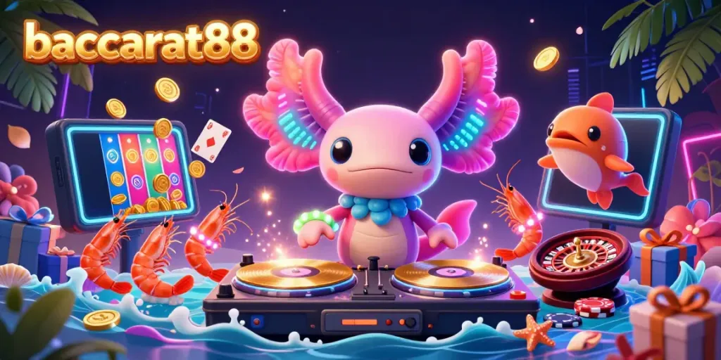 Baccarat88 showcases an electrifying casino scene with a neon axolotl DJ spinning records and lively sea creatures.