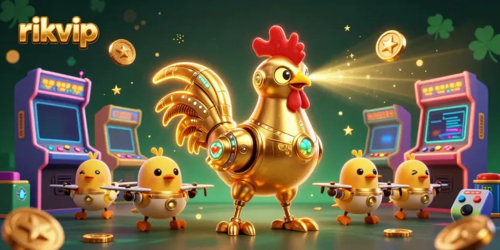 Engage with rich gameplay at rikvip with a golden rooster robot surrounded by arcade elements.